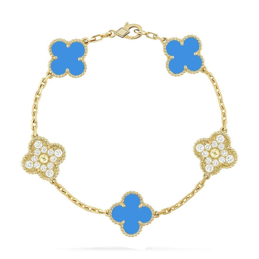 [Love Lucky]CLOVER 5 MOTIF BLUE CHALCEDONY DIAMOND GOLD BRACELET